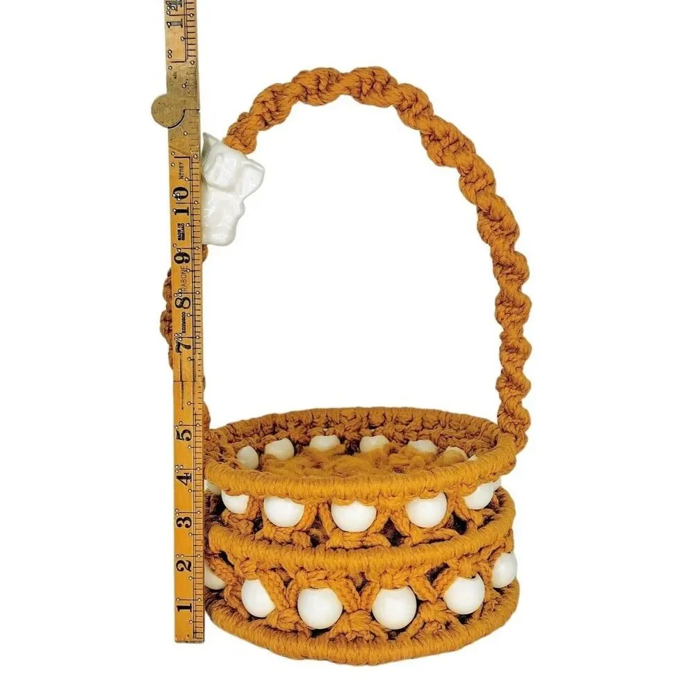 VTG 60s 70s MCM Gold Macrame Porcelain Elephant & Wood Beads Easter Basket 14